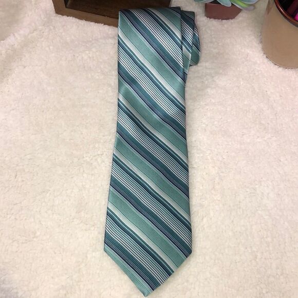 Stafford Teal Navy White Diagonal Striped Silk Tie - Picture 1 of 7